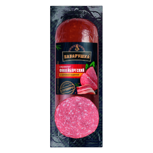 Сервелат СТАРОДВОРЬЕ Филейбургский с копченой грудинкой в/к срез 350гр