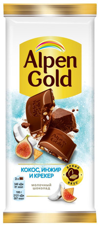 Шоколад молочный АЛЬПЕН ГОЛЬД инжир, кокос и солёный крекер 80 гр