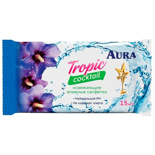 Салфетки влажные АУРА Тропический коктейль 15шт
