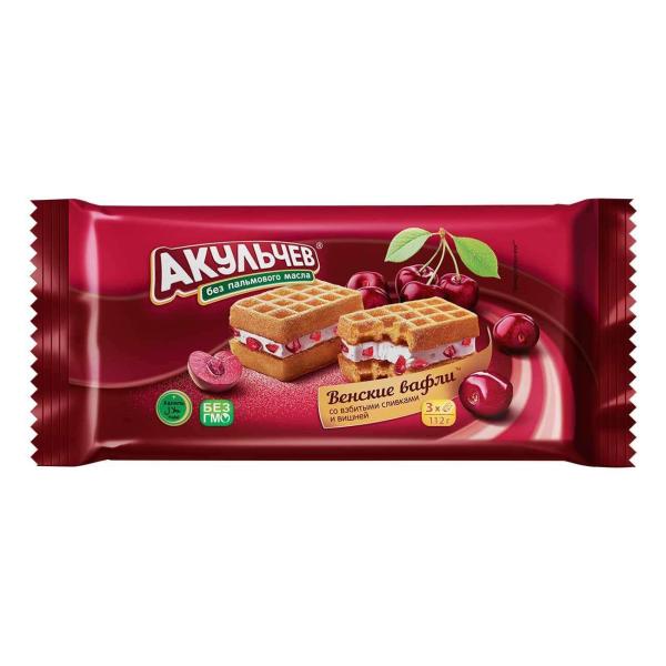Изделия хлебобулочные сдобные АКУЛЬЧЕВ Венские вафли со взбит сливками и вишней 112 гр м/у