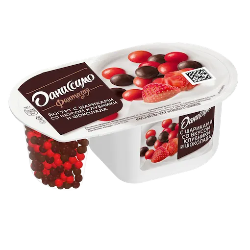 Йогурт ДАНИССИМО Фантазия хрустящие шарики клубника-шоколад 6,9% без змж 105гр
