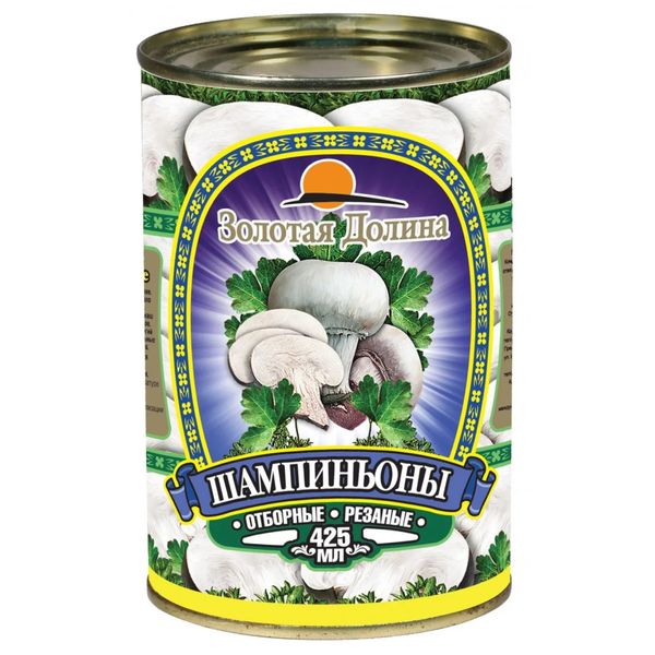 Шампиньоны ЗОЛОТАЯ ДОЛИНА резаные желтая полоса 425 гр ж/б