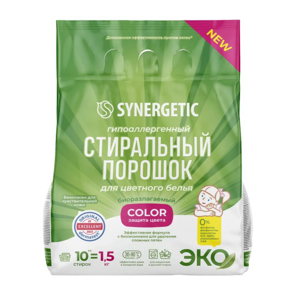 Порошок стиральный СИНЕРГЕТИК автомат Колор д/цвет.белья 1,5кг