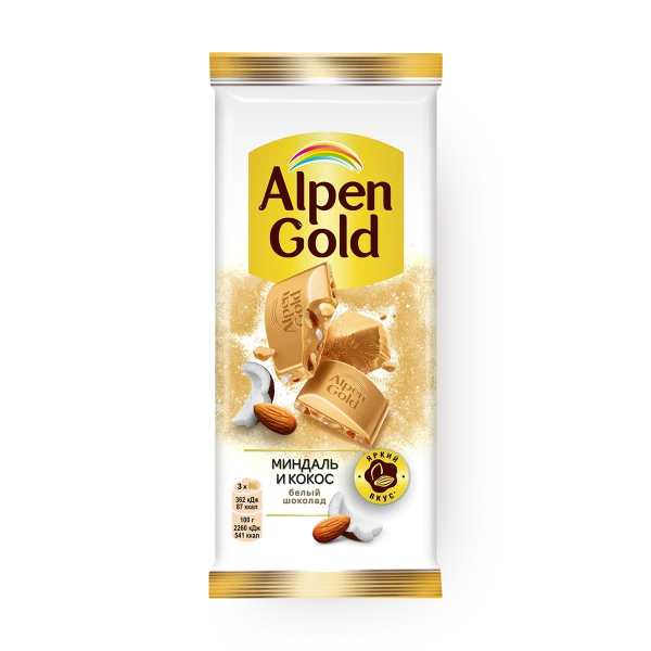 Шоколад белый АЛЬПЕН ГОЛЬД миндаль и кокос 80 гр
