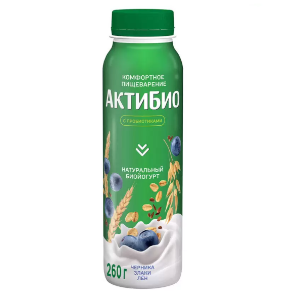 Биойогурт АКТИБИО питьевой черника и 5 злаков 1,6% без змж 260гр