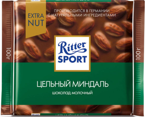 Шоколад молочный Ritter Sport с цельным миндалем 100гр
