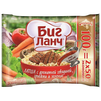 Лапша БИГ ЛАНЧ Говядина, грибы и зелень 100гр пак. б/п