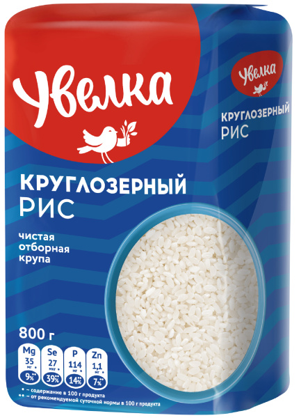 Крупа УВЕЛКА рис круглозерный шлифованный 800гр м/уп.
