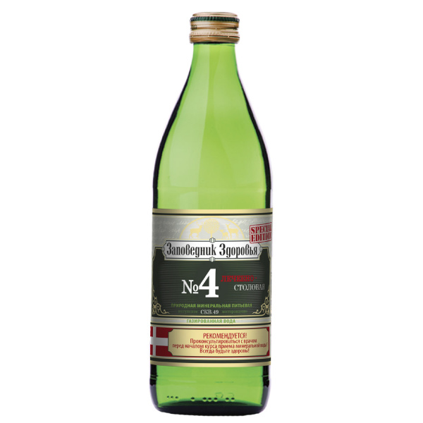 Вода ЗАПОВЕДНИК ЗДОРОВЬЯ № 4 минеральная газированная 0,45 л ст/б