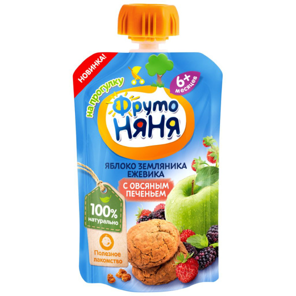 Пюре ФРУТОНЯНЯ яблоко/земляника/ежевика/овсян. печенье 90гр м/у