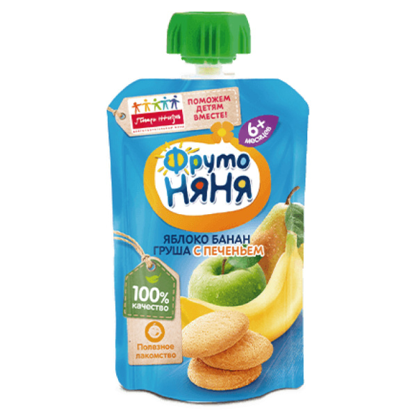 Пюре ФРУТОНЯНЯ из яблок, бананов, и груш с печеньем 90гр м/у